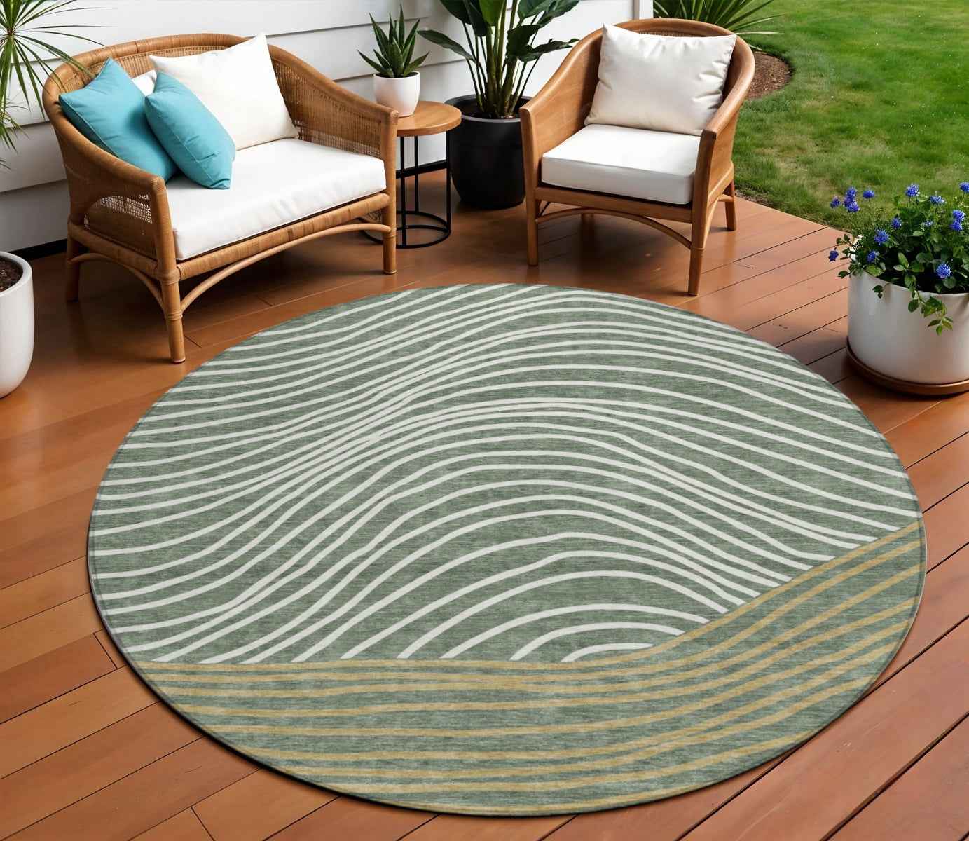 8' Fern Green Ivory And Gold Round Striped Washable Indoor Outdoor Area Rug
