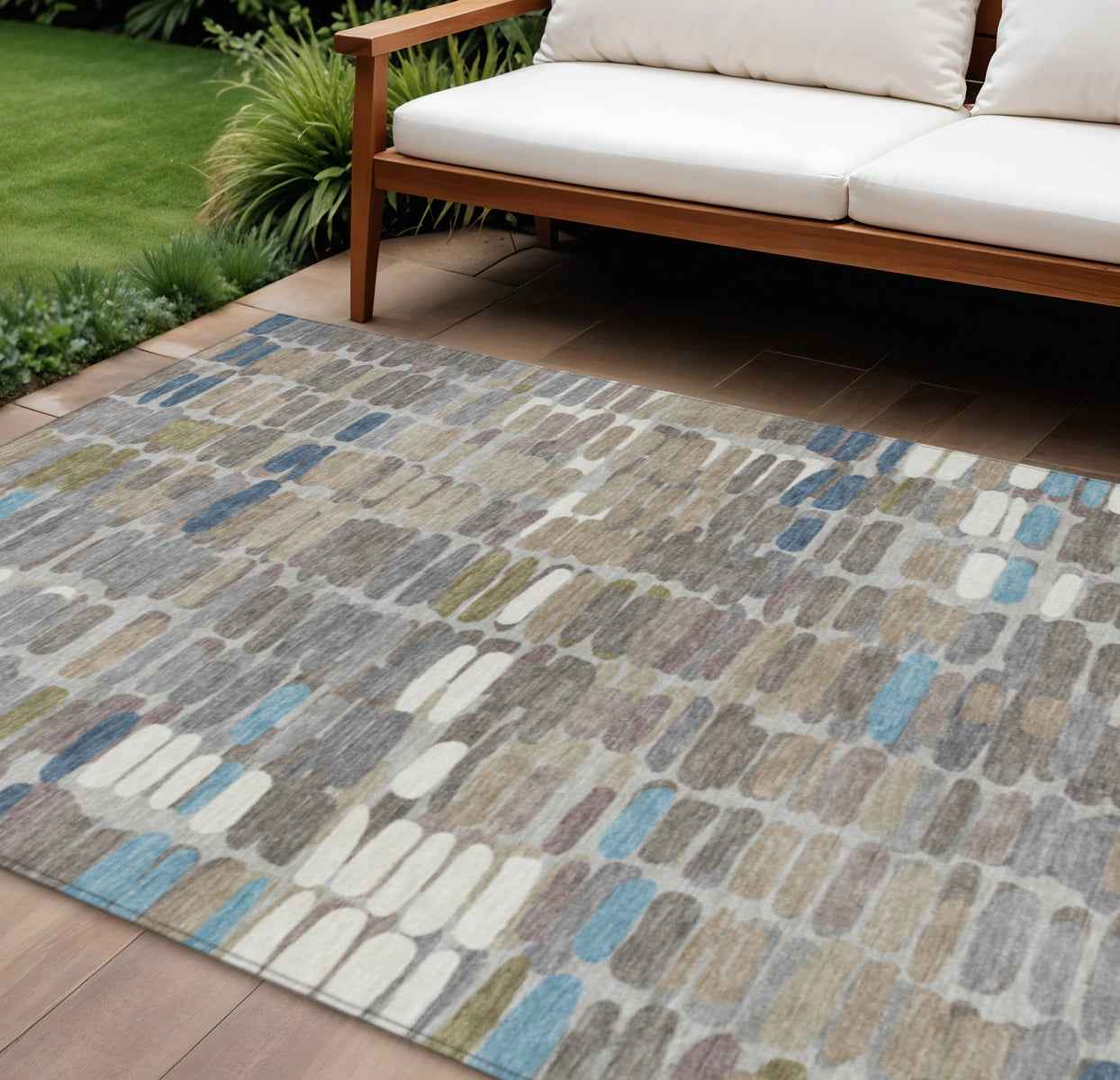 8' X 10' Taupe Ivory And Blue Abstract Washable Indoor Outdoor Area Rug