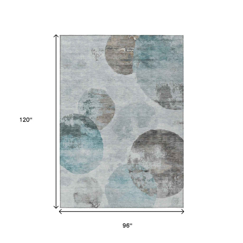 8' X 10' Teal Blue Ivory And Taupe Abstract Washable Indoor Outdoor Area Rug