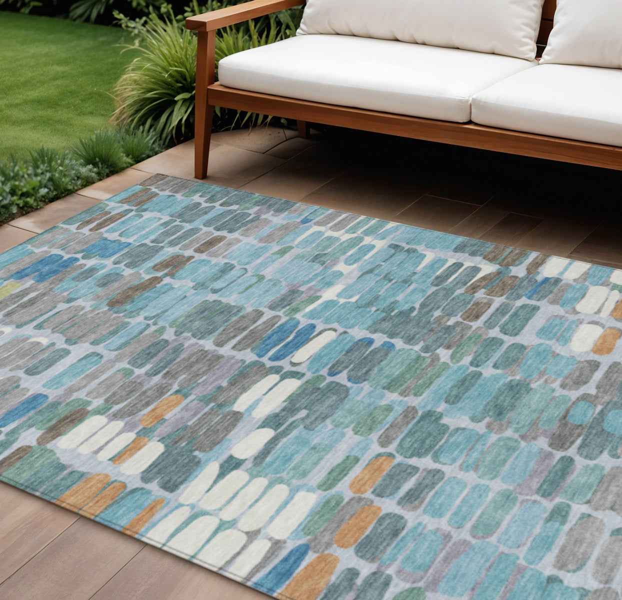 10' X 14' Teal Blue Copper And Ivory Abstract Washable Indoor Outdoor Area Rug