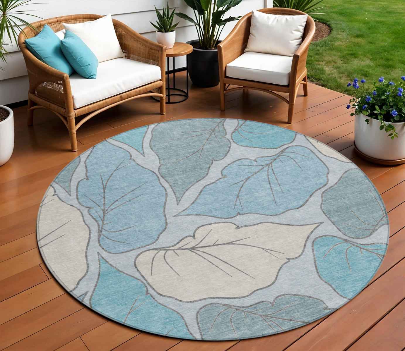 8' Teal Blue And Ivory Round Botanical Leaves Washable Indoor Outdoor Area Rug