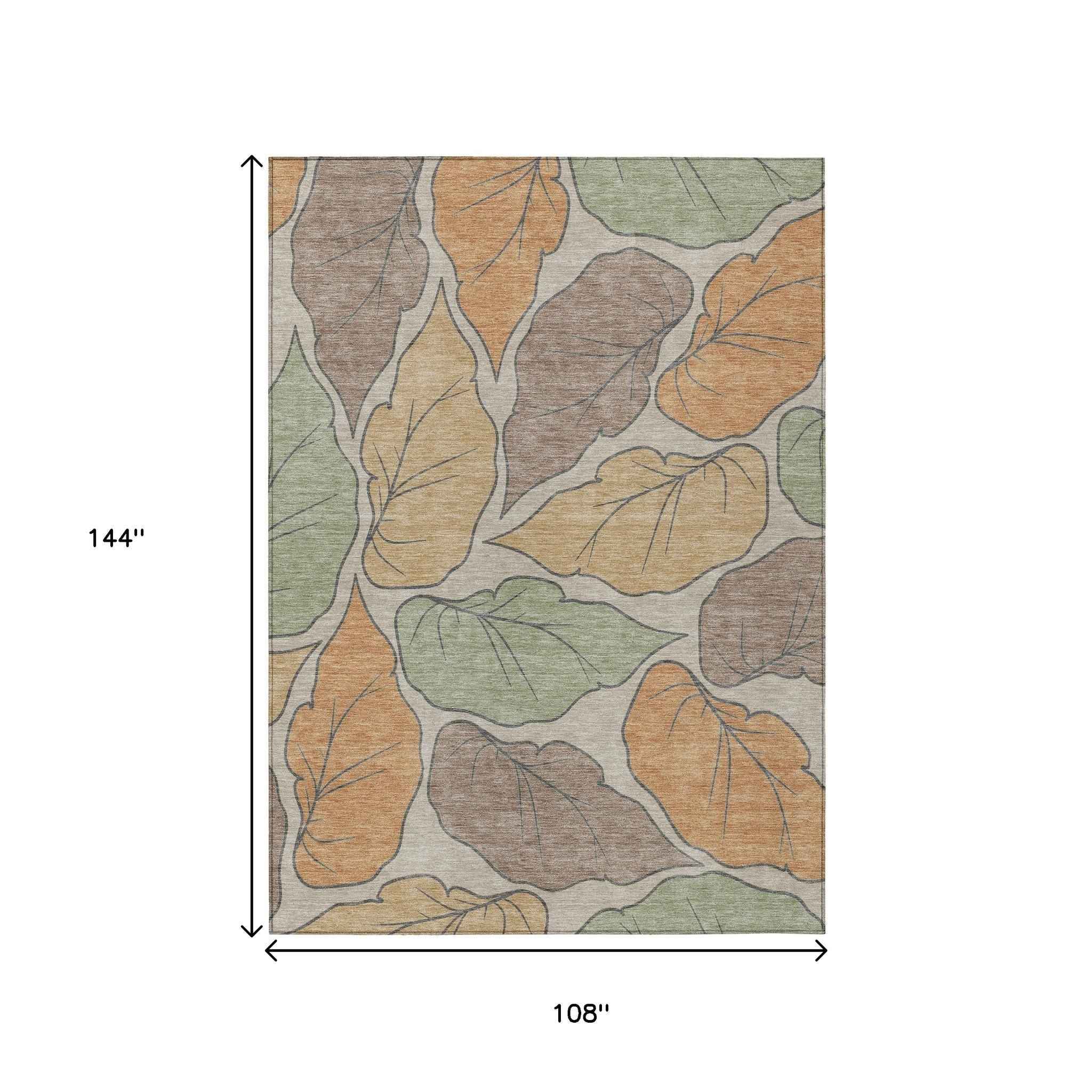 9' X 12' Copper Ivory And Sage Botanical Leaves Washable Indoor Outdoor Area Rug