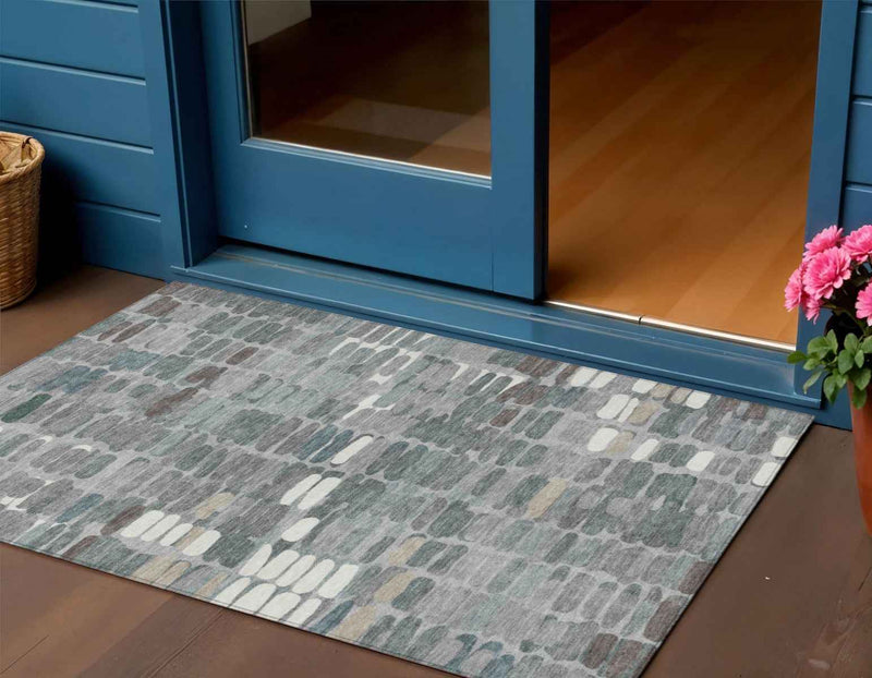 3' X 5' Gray Ivory And Pewter Abstract Washable Indoor Outdoor Area Rug