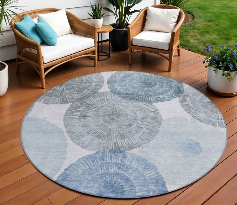 8' Denim Blue Ivory And Gray Round Abstract Washable Indoor Outdoor Area Rug
