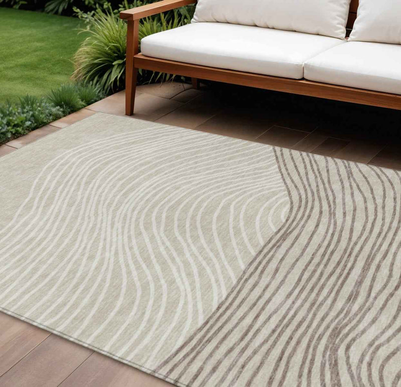 9' X 12' Beige Ivory And Brown Striped Washable Indoor Outdoor Area Rug