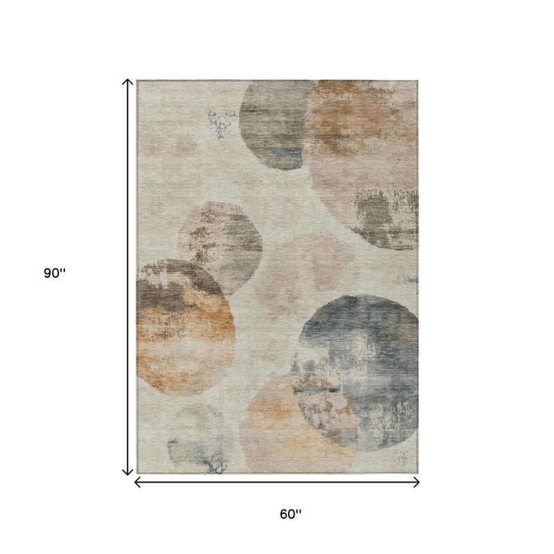 5' X 8' Beige Khaki And Ivory Abstract Washable Indoor Outdoor Area Rug