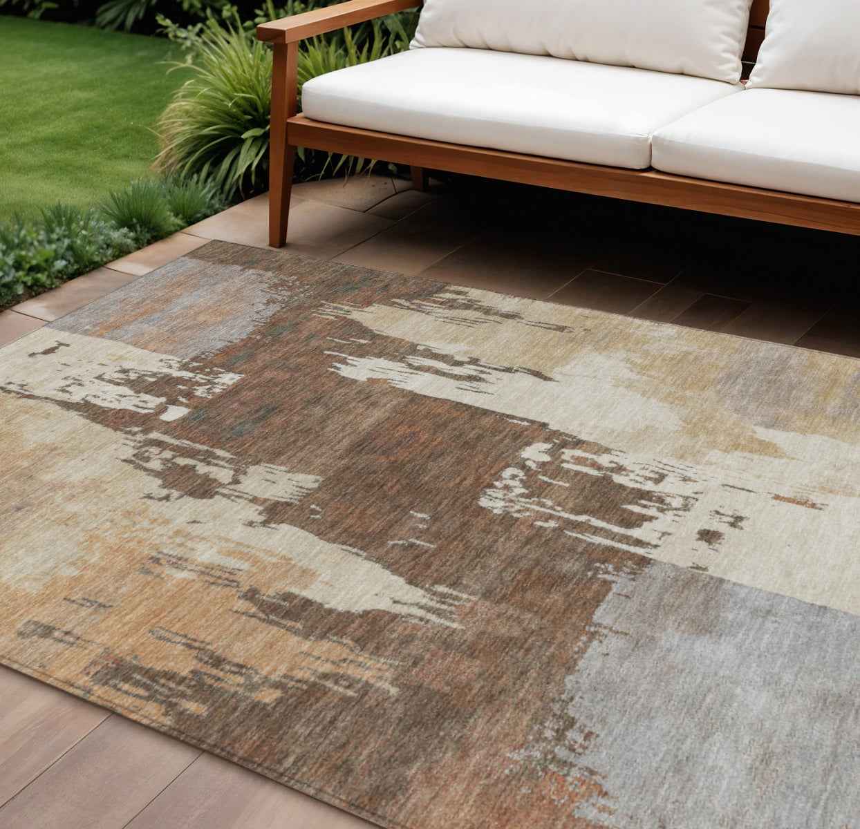 9' X 12' Rust Ivory And Gray Abstract Washable Indoor Outdoor Area Rug
