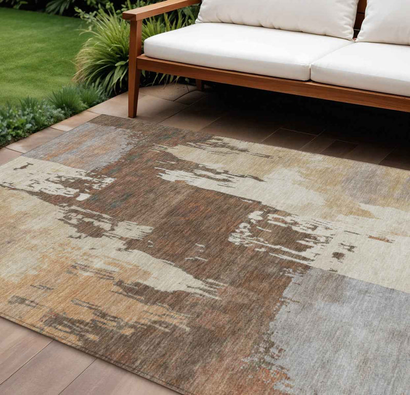 9' X 12' Rust Ivory And Gray Abstract Washable Indoor Outdoor Area Rug