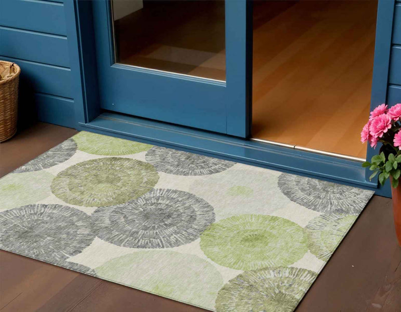 3' X 5' Artichoke Green Ivory And Gray Abstract Washable Indoor Outdoor Area Rug