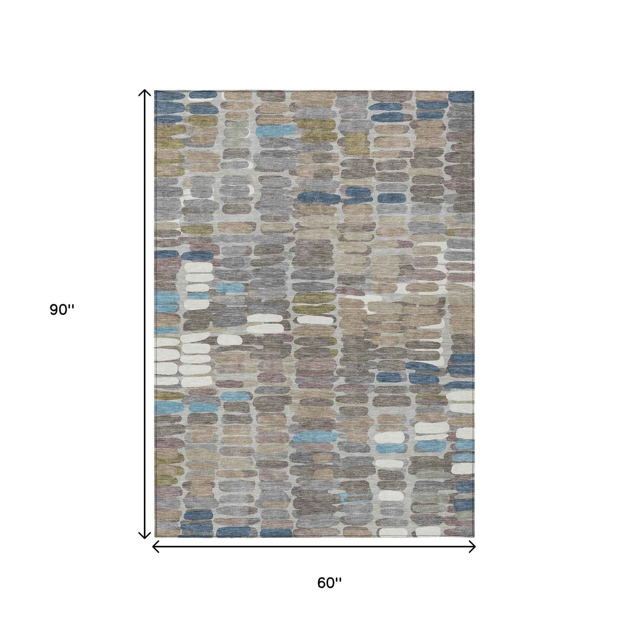 5' X 8' Taupe Ivory And Blue Abstract Washable Indoor Outdoor Area Rug