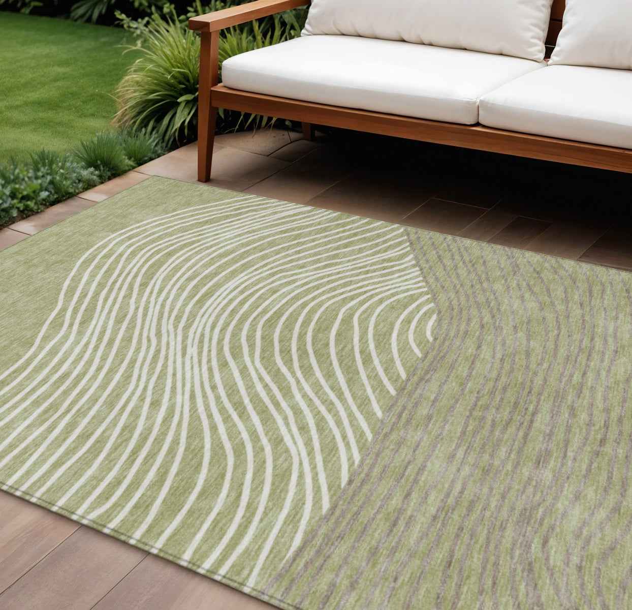 10' X 14' Artichoke Green And Ivory Striped Washable Indoor Outdoor Area Rug