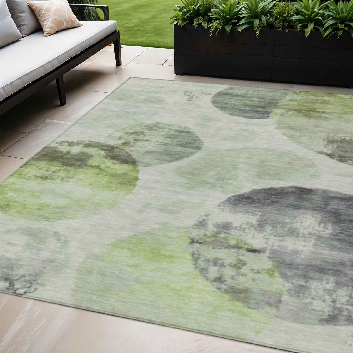5' X 8' Artichoke Green And Ivory Abstract Washable Indoor Outdoor Area Rug