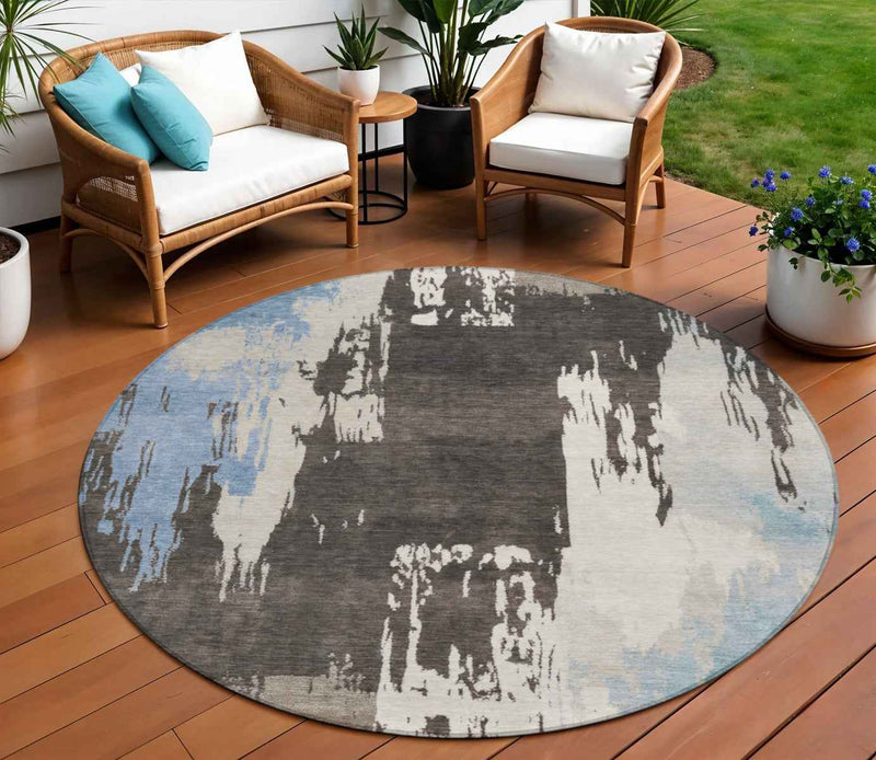 8' Brown Ivory And Blue Round Abstract Washable Indoor Outdoor Area Rug