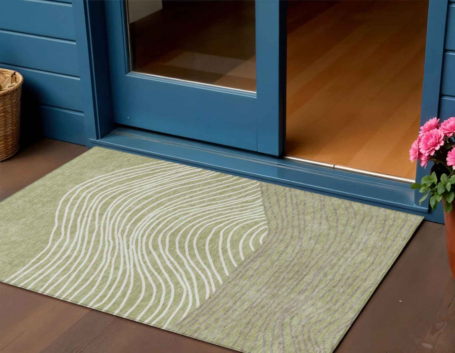 3' X 5' Artichoke Green And Ivory Striped Washable Indoor Outdoor Area Rug