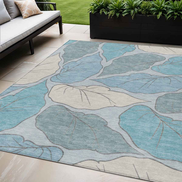 5' X 8' Teal Blue And Ivory Botanical Leaves Washable Indoor Outdoor Area Rug