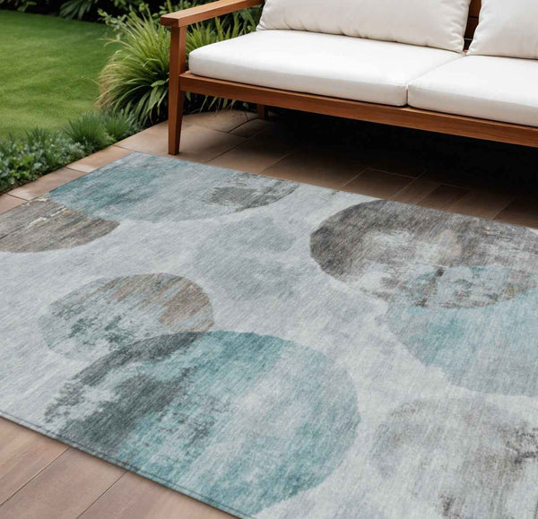 10' X 14' Teal Blue Ivory And Taupe Abstract Washable Indoor Outdoor Area Rug