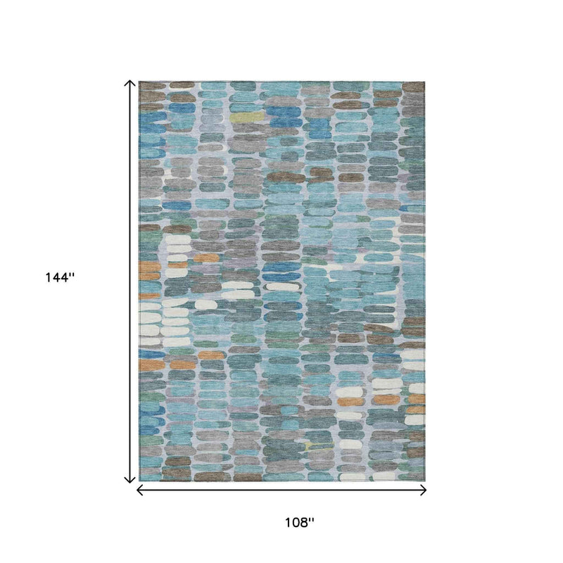 9' X 12' Teal Blue Copper And Ivory Abstract Washable Indoor Outdoor Area Rug