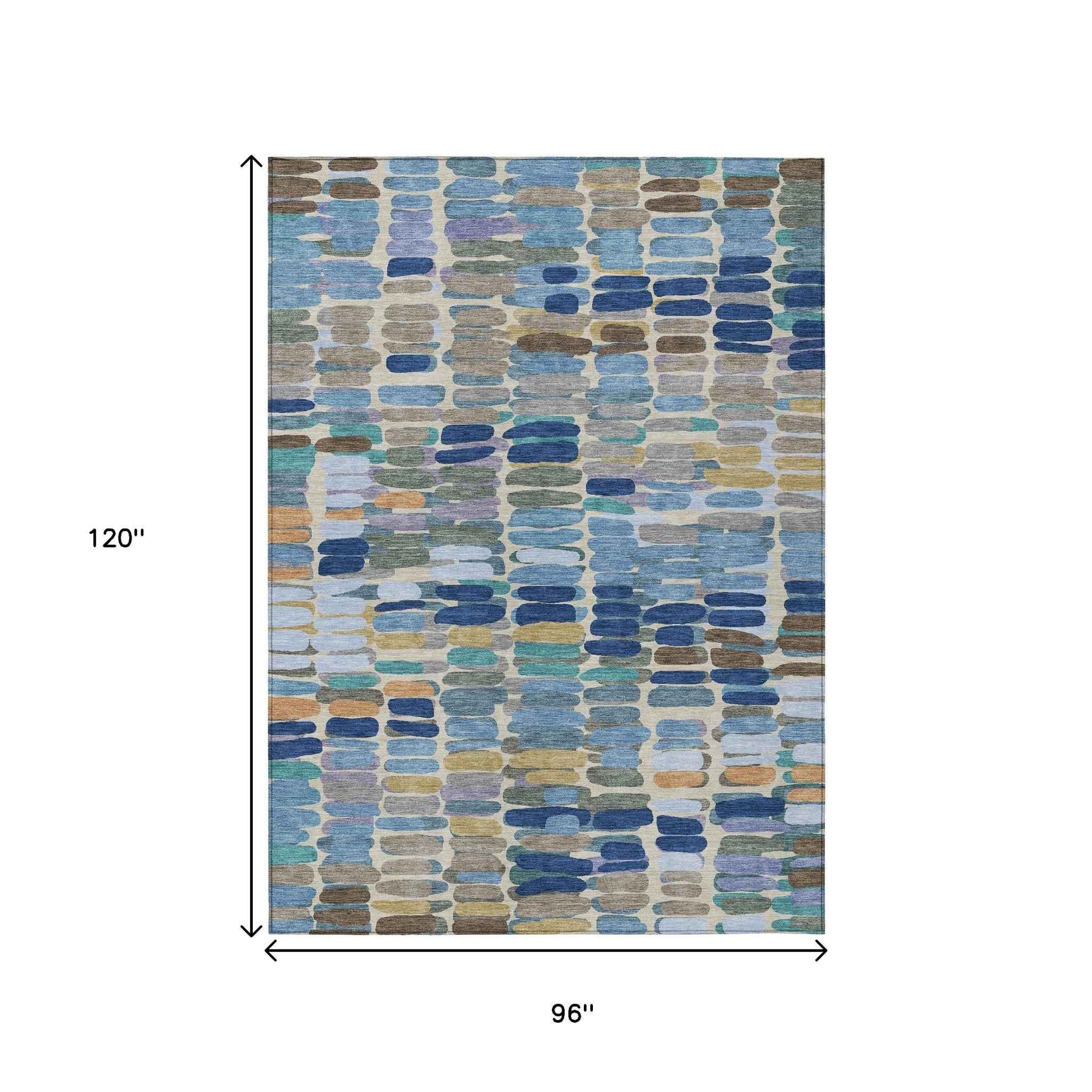 8' X 10' Denim Blue Wheat And Beige Abstract Washable Indoor Outdoor Area Rug