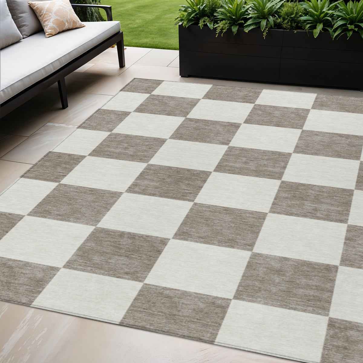 5' X 8' Taupe And Ivory Geometric Washable Indoor Outdoor Area Rug