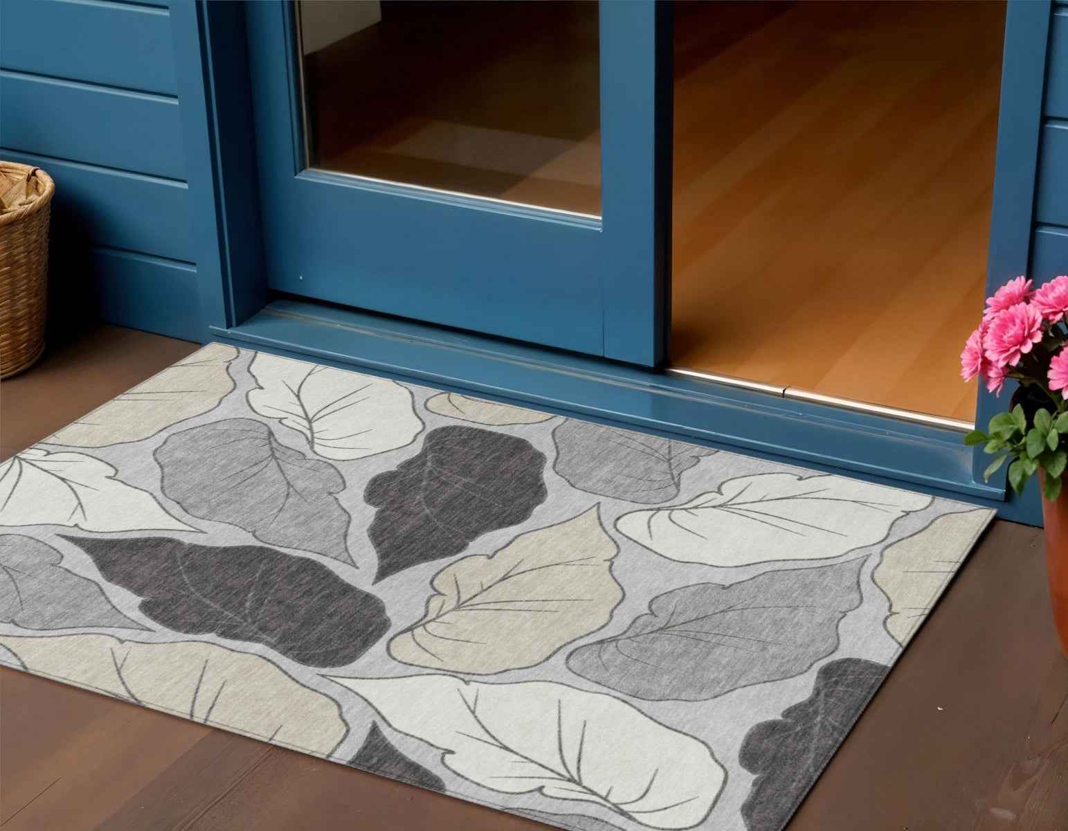 3' X 5' Silver Gray And Beige Botanical Leaves Washable Indoor Outdoor Area Rug