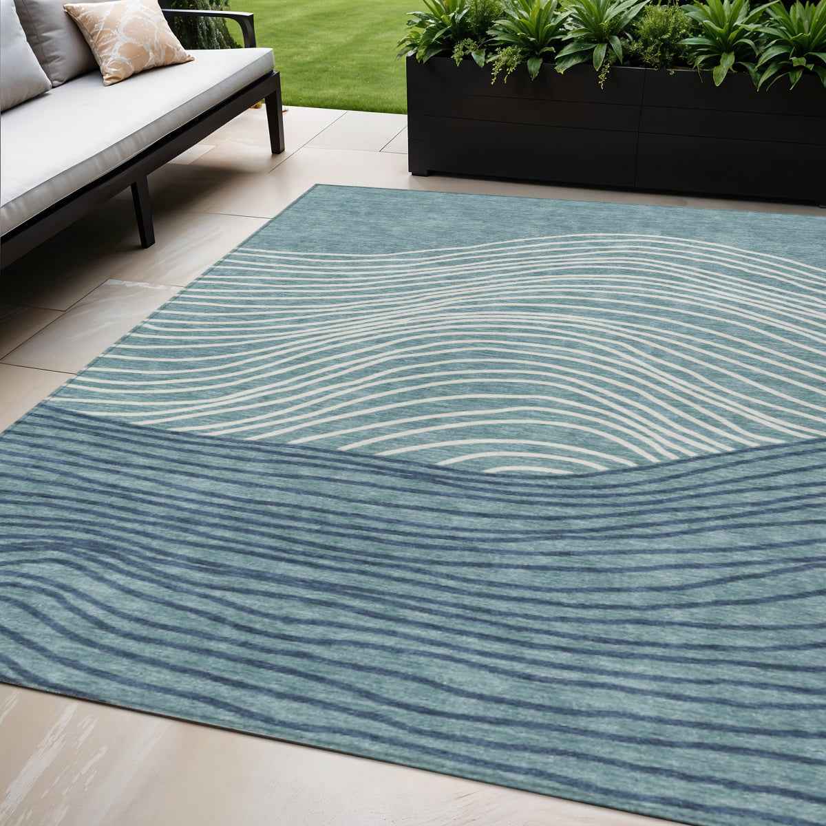 5' X 8' Teal Blue And Ivory Striped Washable Indoor Outdoor Area Rug