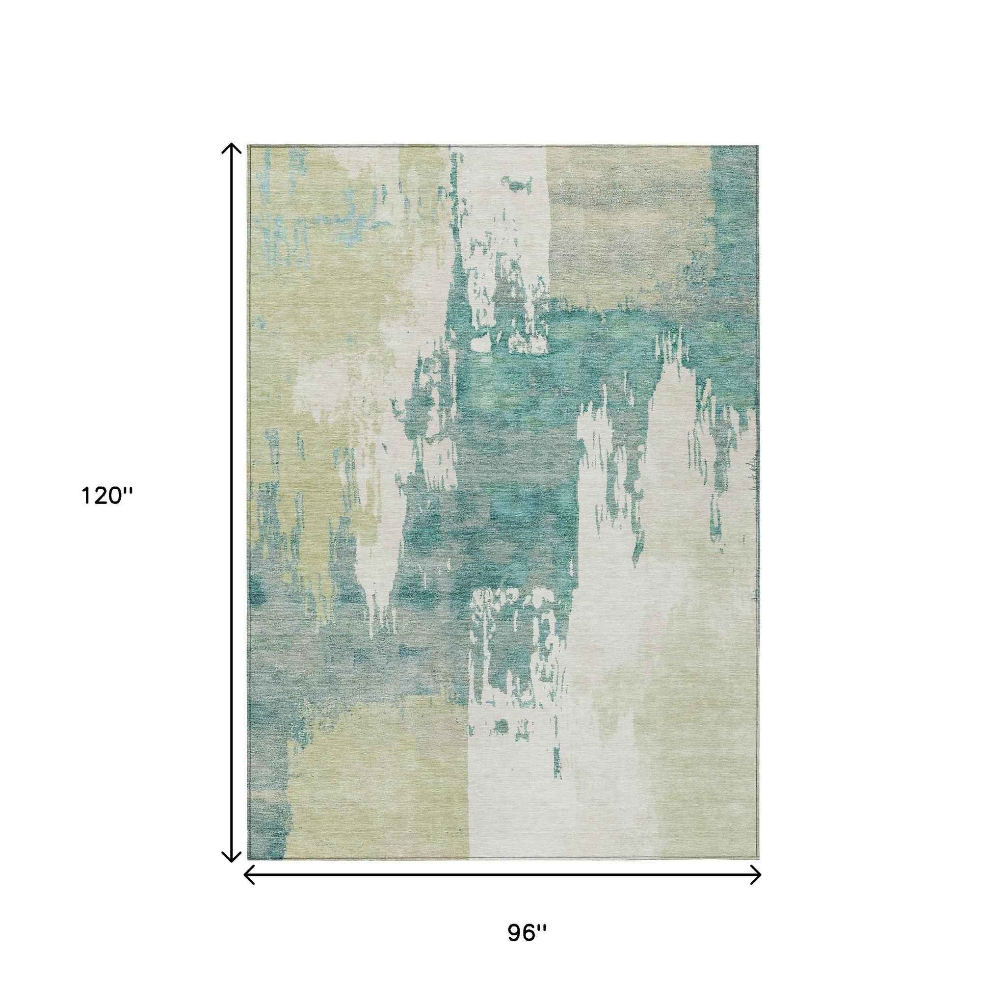 8' X 10' Artichoke Green Ivory And Aqua Abstract Washable Indoor Outdoor Area Rug