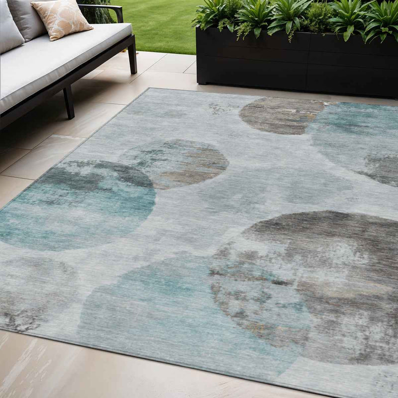 5' X 8' Teal Blue Ivory And Taupe Abstract Washable Indoor Outdoor Area Rug