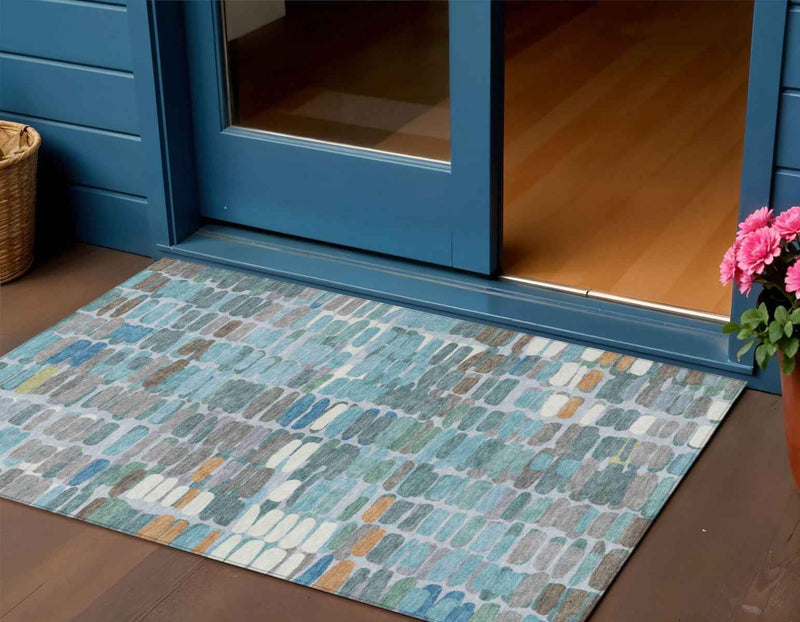 3' X 5' Teal Blue Copper And Ivory Abstract Washable Indoor Outdoor Area Rug