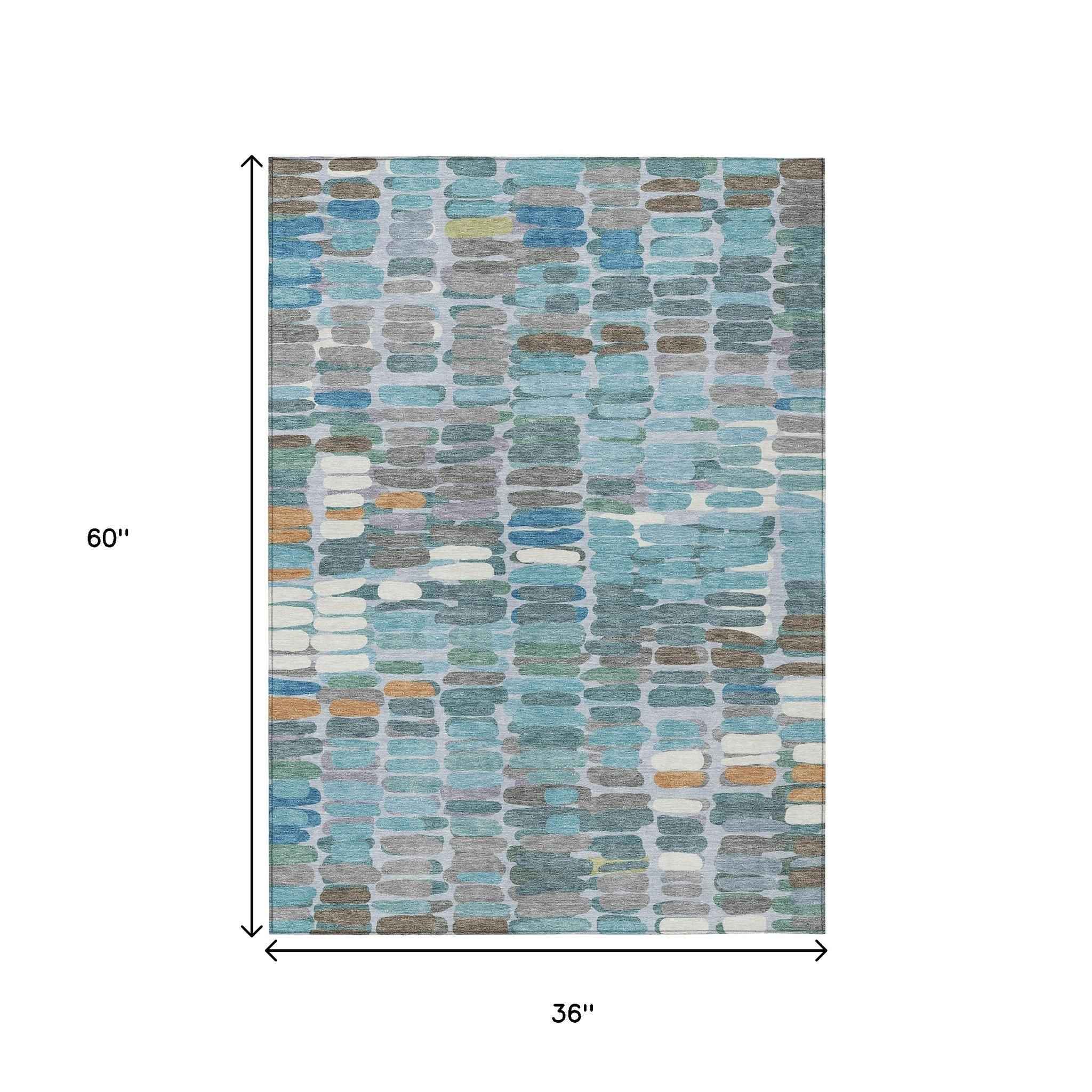 3' X 5' Teal Blue Copper And Ivory Abstract Washable Indoor Outdoor Area Rug