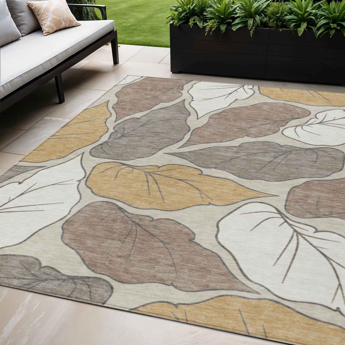 5' X 8' Linen Ivory And Brown Botanical Leaves Washable Indoor Outdoor Area Rug