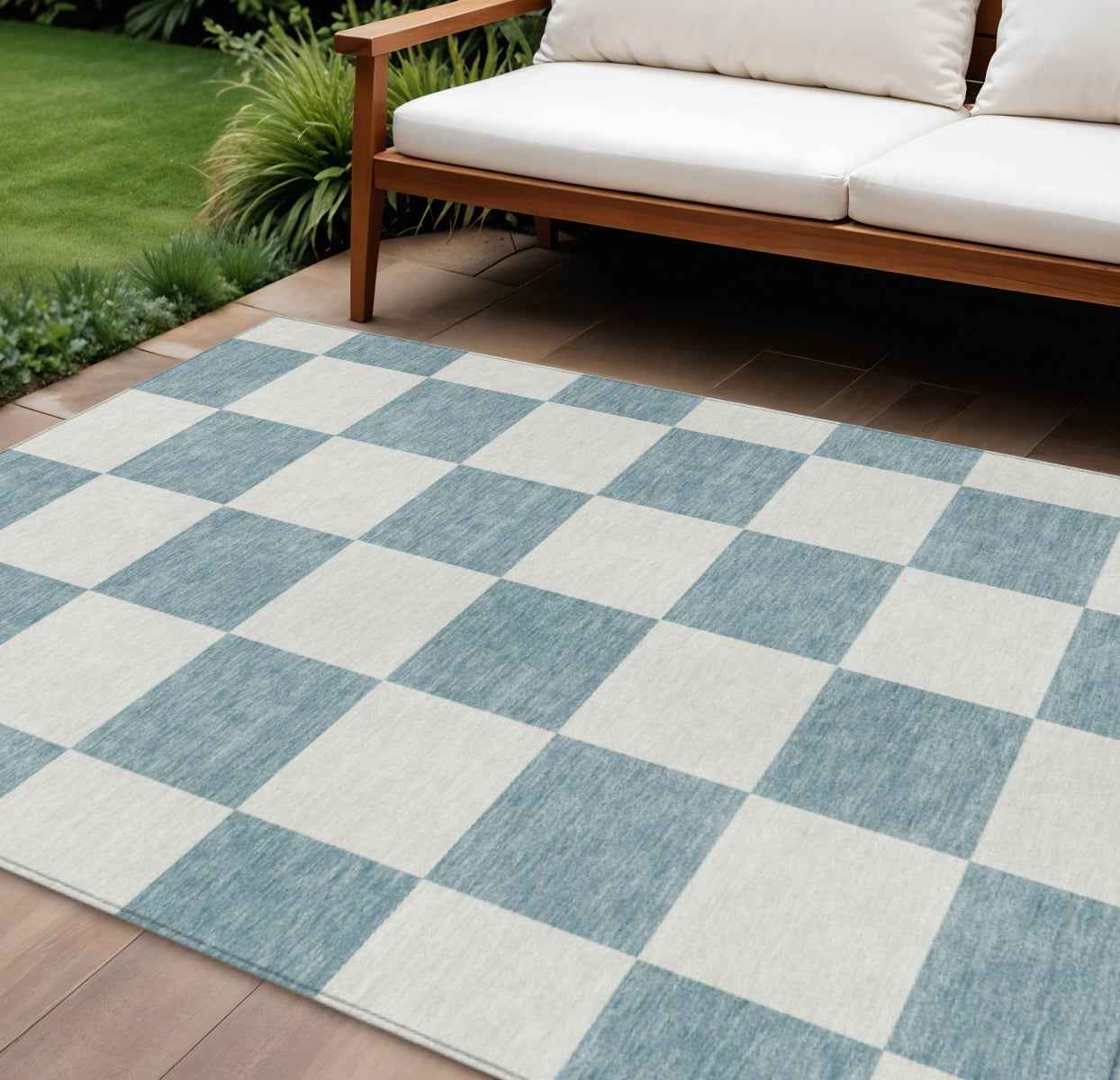 8' X 10' Teal Blue And Ivory Geometric Washable Indoor Outdoor Area Rug