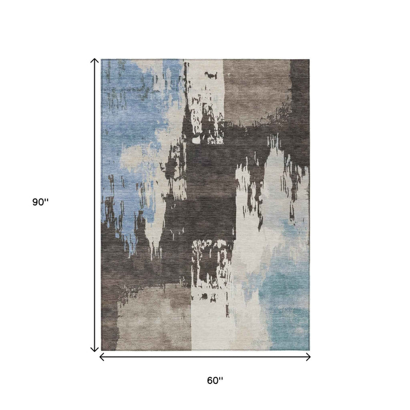 5' X 8' Brown Ivory And Blue Abstract Washable Indoor Outdoor Area Rug