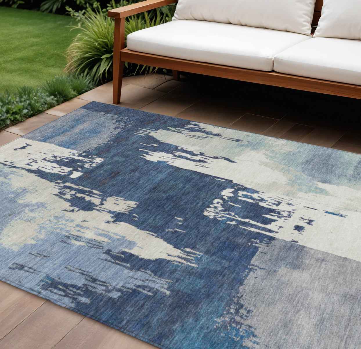 8' X 10' Blue And Ivory Abstract Washable Indoor Outdoor Area Rug