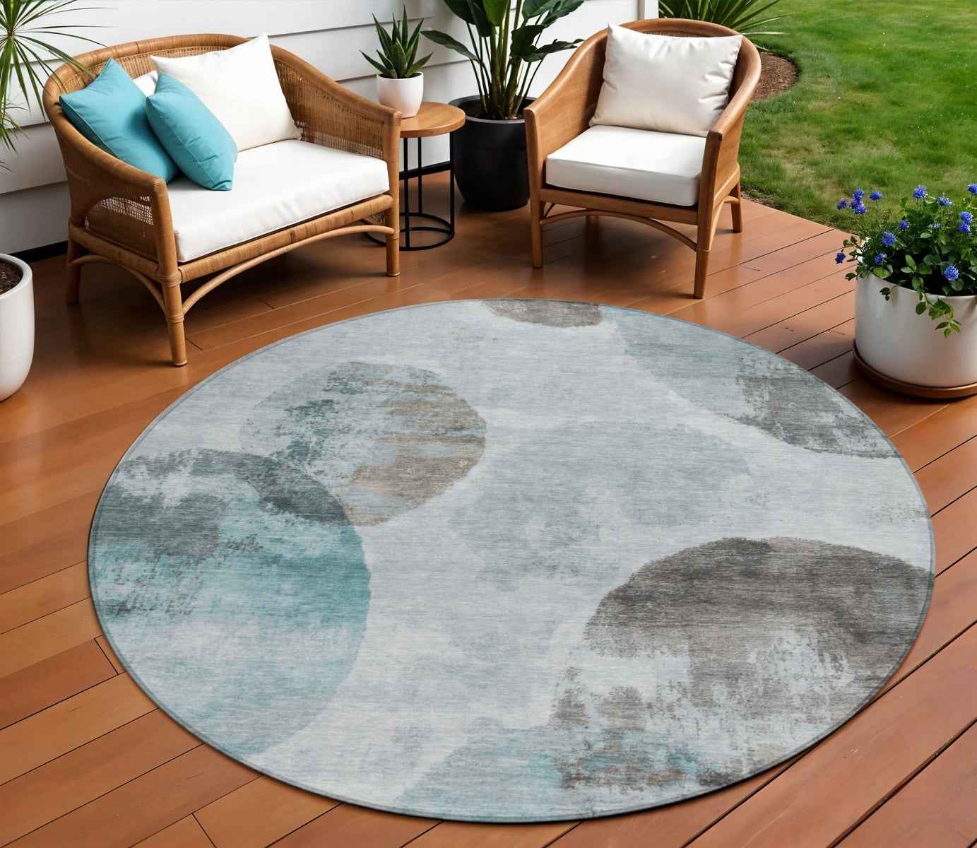 8' Teal Blue Ivory And Taupe Round Abstract Washable Indoor Outdoor Area Rug