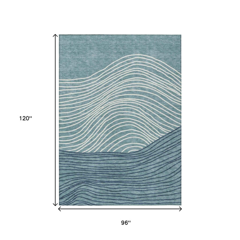 8' X 10' Teal Blue And Ivory Striped Washable Indoor Outdoor Area Rug