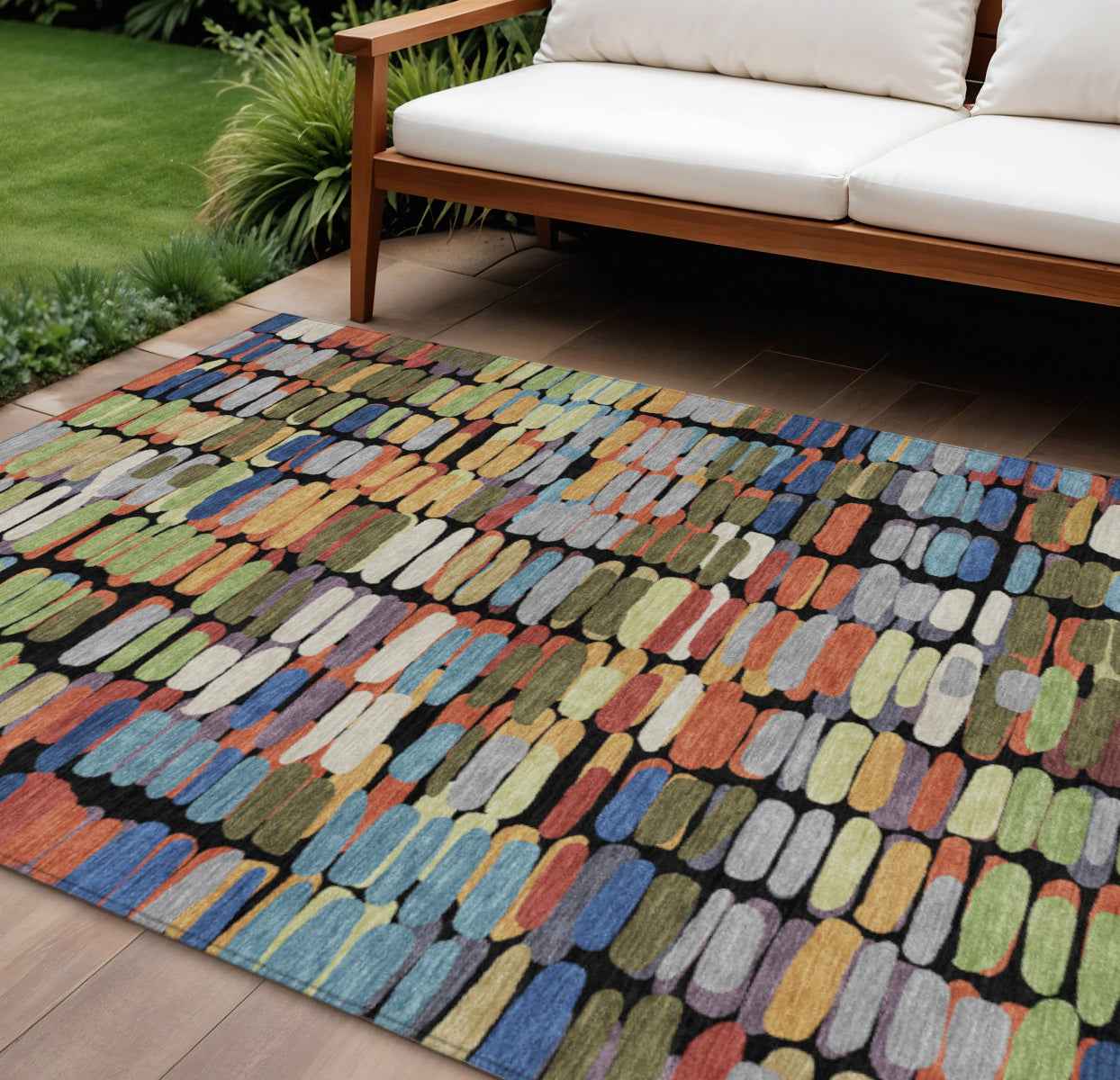 9' X 12' Black Green And Blue Abstract Washable Indoor Outdoor Area Rug