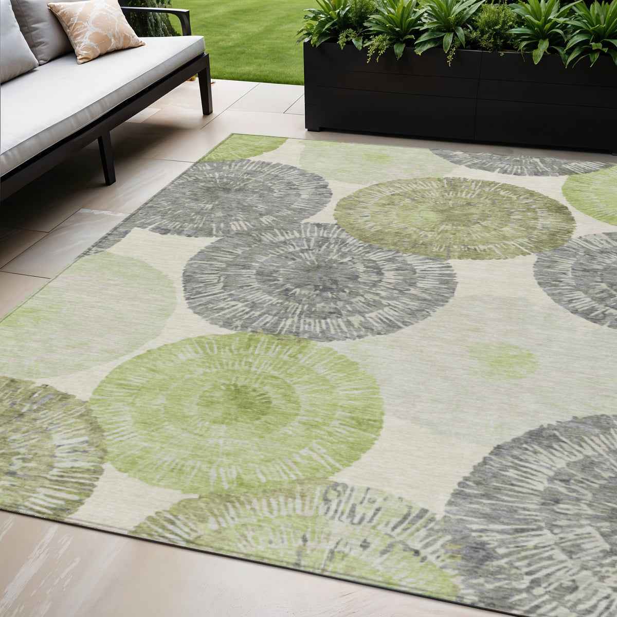 5' X 8' Artichoke Green Ivory And Gray Abstract Washable Indoor Outdoor Area Rug