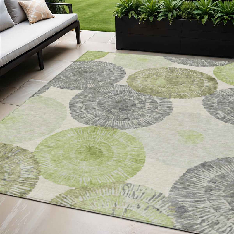 5' X 8' Artichoke Green Ivory And Gray Abstract Washable Indoor Outdoor Area Rug