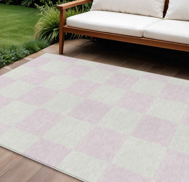 10' X 14' Pink And Ivory Geometric Washable Indoor Outdoor Area Rug