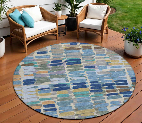 8' Denim Blue Wheat And Beige Round Abstract Washable Indoor Outdoor Area Rug