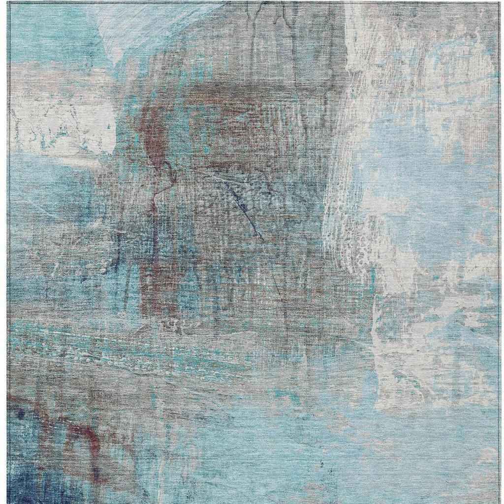 10' X 14' Teal Blue And Gray Abstract Washable Indoor Outdoor Area Rug