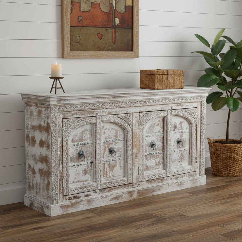 75" White Distressed Solid Wood Carved Floral Sideboard with Four Doors