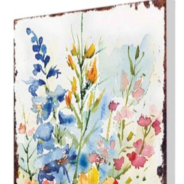 30" Blue Pink White And Yellow Solid Wood Watercolor Floral Garden Stake