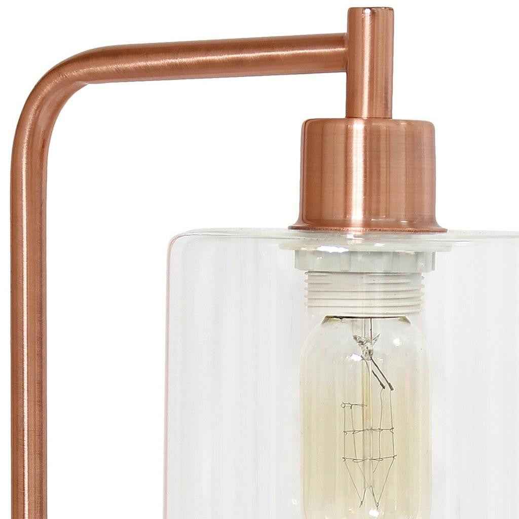 19" Rose Gold Metal Lantern Table Lamp With Clear Cylinder Shade