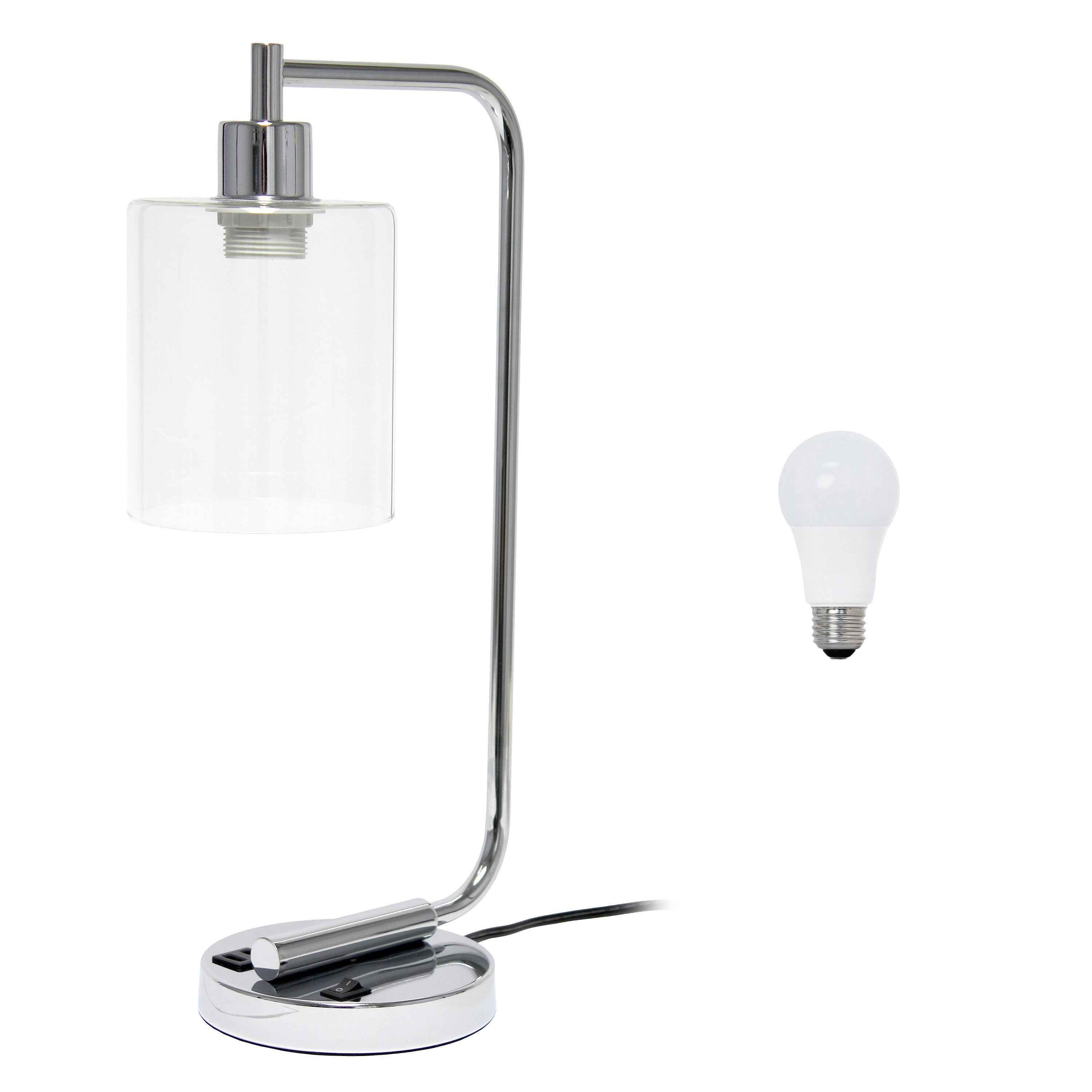 19" Silver Iron Lantern USB Table Lamp LED With Clear Cylinder Shade