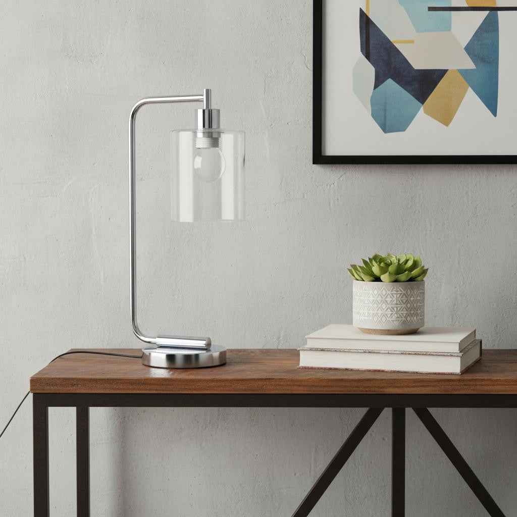 19" Silver Iron Lantern USB Table Lamp LED With Clear Cylinder Shade