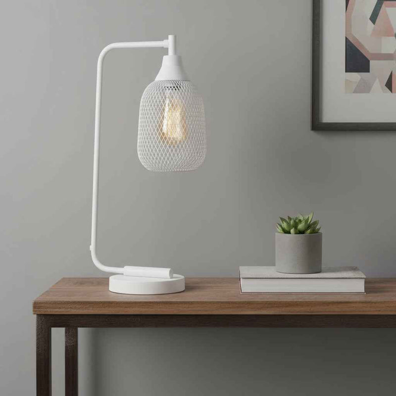 19" White Metal Lantern Table Lamp With White Globe Shade