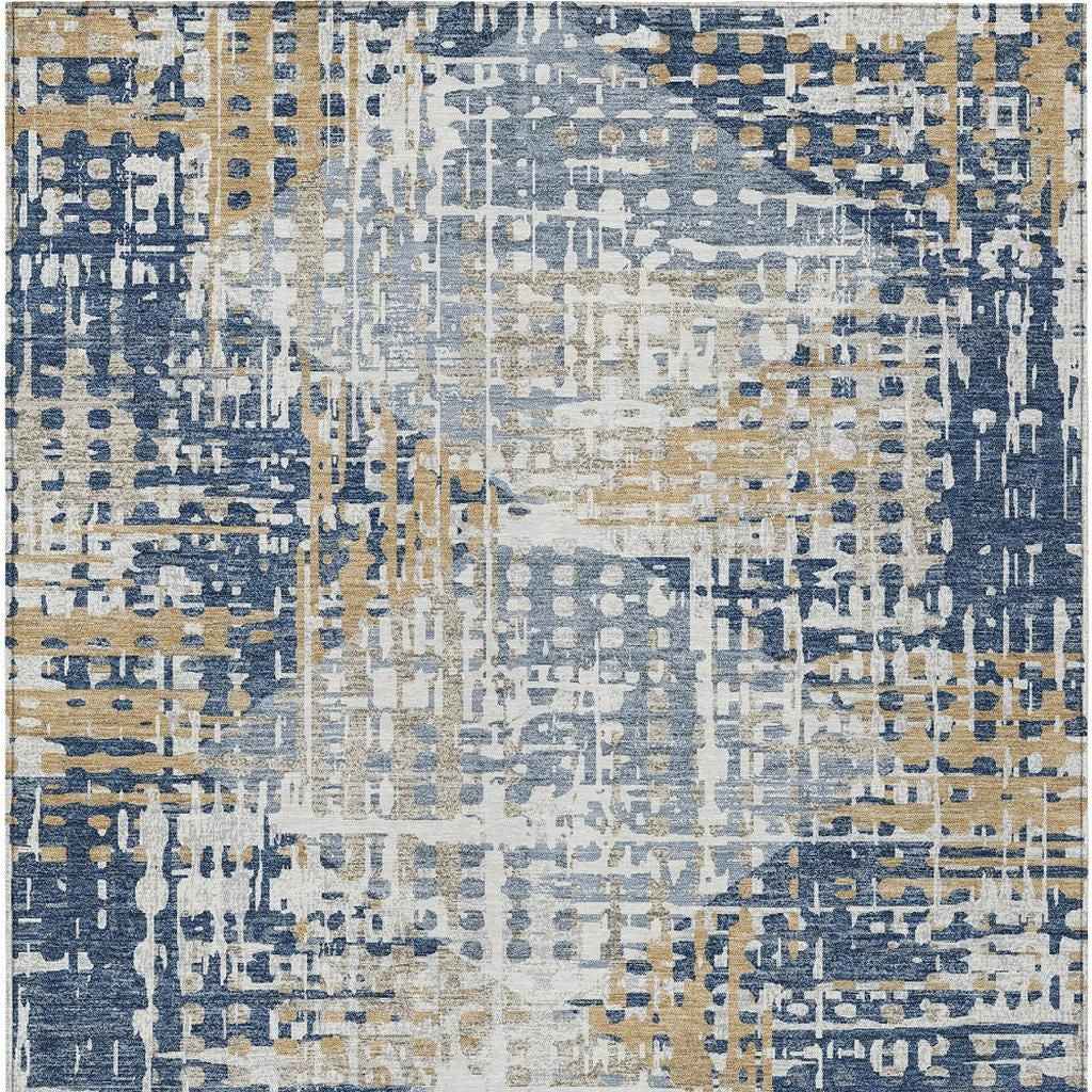 8' X 10' Navy Blue And Beige Geometric Washable Indoor Outdoor Area Rug
