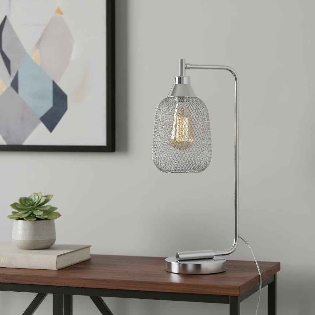 19" Silver Metal Lantern Table Lamp With Silver Globe Shade