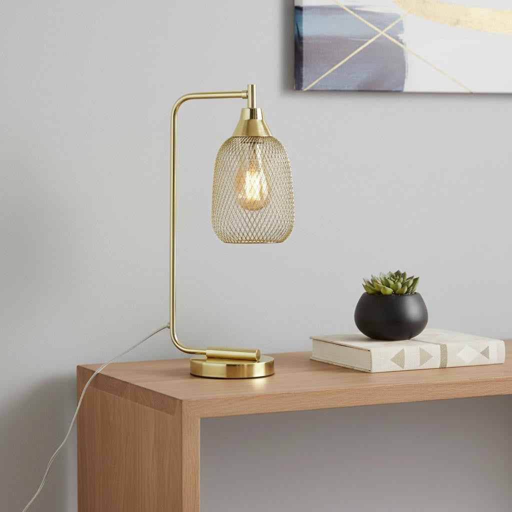 19" Gold Metal Lantern Table Lamp With Gold Globe Shade